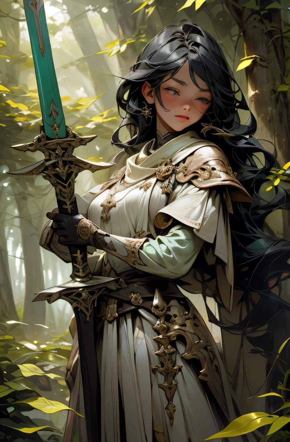 A girl holding a zweihander in a misty forest, oil painting, with lush green foliage, sunlight filtering through the trees, creating shadows and rays of light, giving the scene a magical atmosphere. The girl's eyes are detailed and mesmerizing, with long eyelashes. Her lips are also detailed and captivating. She is wearing a flowing red dress that contrasts with the surrounding greenery. The zweihander she is holding is intricately designed with a silver blade and a black hilt, reflecting the skilled craftsmanship. The image should be of the best quality, with ultra-detailed features, realistic rendering, and vibrant colors. The composition should evoke a sense of mystery and adventure.