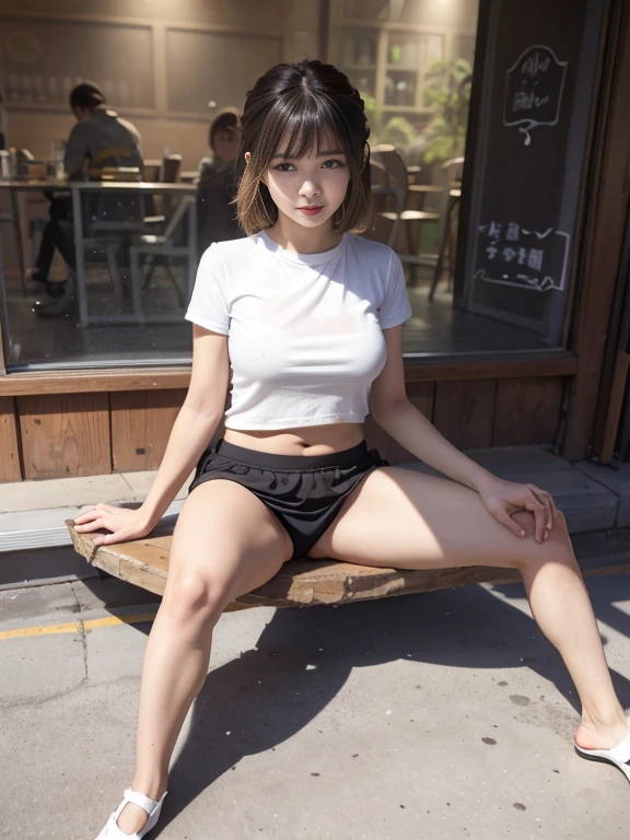 highest quality, masterpiece, High definition, 16k image, beautiful , Medium Bob Hair,明るい茶色のbeautiful髪, 明るい茶色のbeautiful目, (Plump and large breasts), High , Narrow waist, Short sleeve white blouse, Pleated skirt, High school girl sitting by the window in a cafe, blush, Beyond the Window, The rain falls quietly, 街の明かりがbeautiful景色を創り出す、((Sexy panties in full view:1.0))、((Spread your legs wide:2.0))