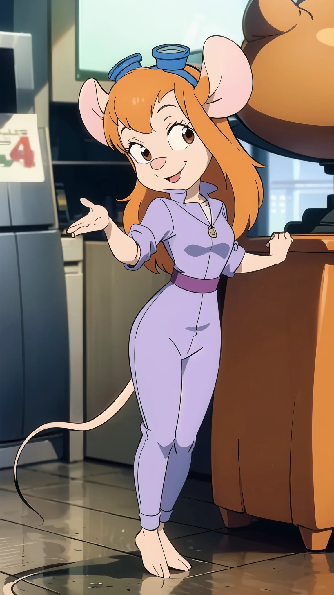 CARTOON_gadget_hackwrench mouse, mouse girl, orange hair, jumpsuit, goggles on head, bare feet, animal feet, smiling, long mouse tail