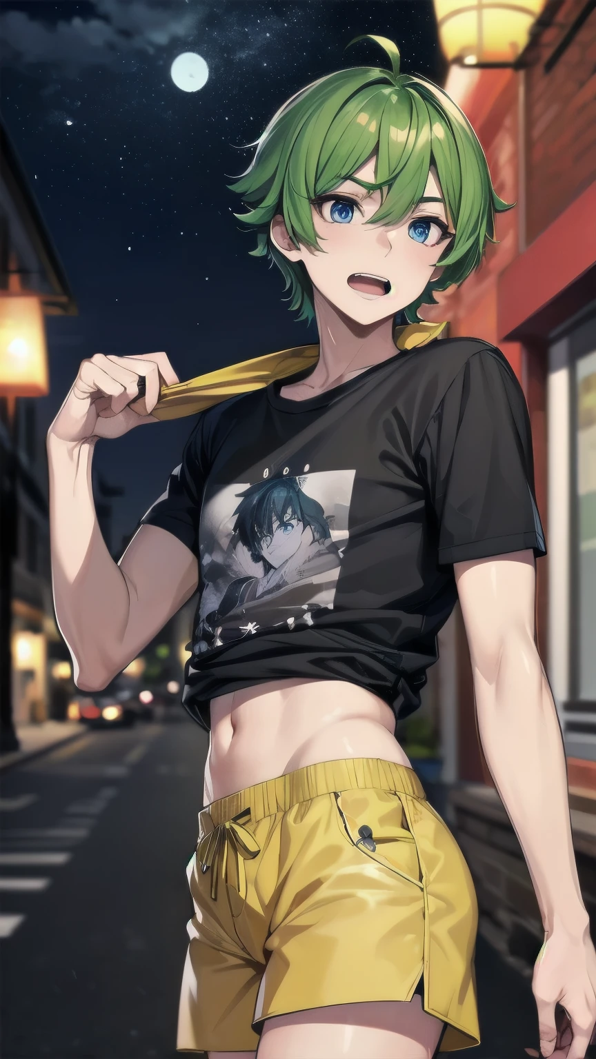 (masterpiece), ((sfw)), best quality, expressive eyes, perfect face, mature male, (1boy, adult Man), young adult, young man, solo, Green hair BREAK ahoge, blue eyes BREAK t-shirt, yellow shorts, standing, night sky, town village, open mouth, surprised face