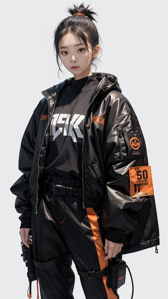 An 18 year old Korean teenage girl, Douyin, wears cool cyberpunk style clothes in variations of black and orange, poses coolly while carrying a katana, on a white background.