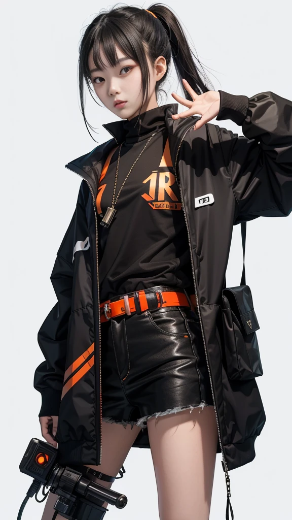 An 18 year old Korean age girl, Douyin, wears cool cyberpunk style clothes in variations of black and orange, poses coolly while carrying a katana, on a white background.