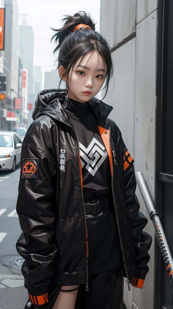 An 18 year old Korean teenage girl, Douyin, wears cool cyberpunk style clothes in variations of black and orange, poses coolly while carrying a katana, on a white background.