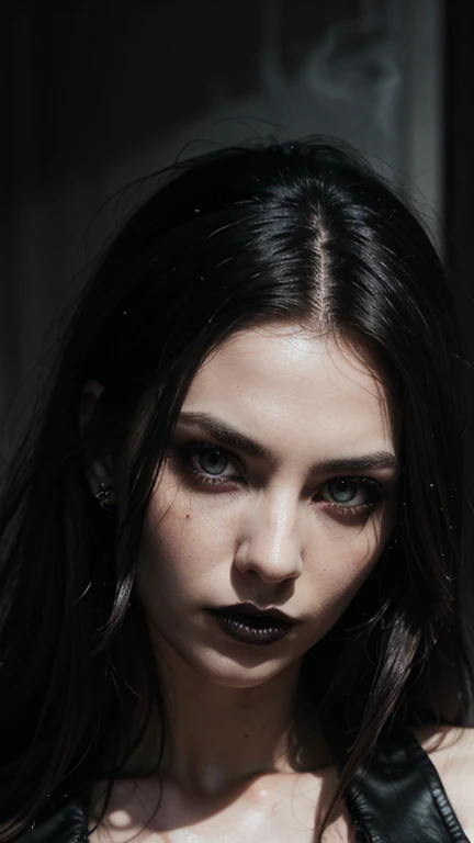 (best quality,4k,8k,highres,masterpiece:1.2),ultra-detailed,realistic,gothic rock lady,leather pants,smokey eyes,black lips,dark atmosphere,dramatic lighting,intense expression,mysterious aura,detailed hair texture,pale skin,high contrast,heavy eyeliner,gothic makeup,powerful presence,sexy and edgy,provocative pose,foreboding background,ethereal beauty,grunge fashion,vibrant colors,artistic composition,intense shadows,fierce personality,hauntingly beautiful,gothic aesthetic,elegant and dark,eerie ambiance,exquisite details,high-definition fantasy,emotionally charged portrait,deep shadows,strong and confident,vivid and rich tones,captivating and alluring,striking facial features,mesmerizing gaze,sophisticated allure