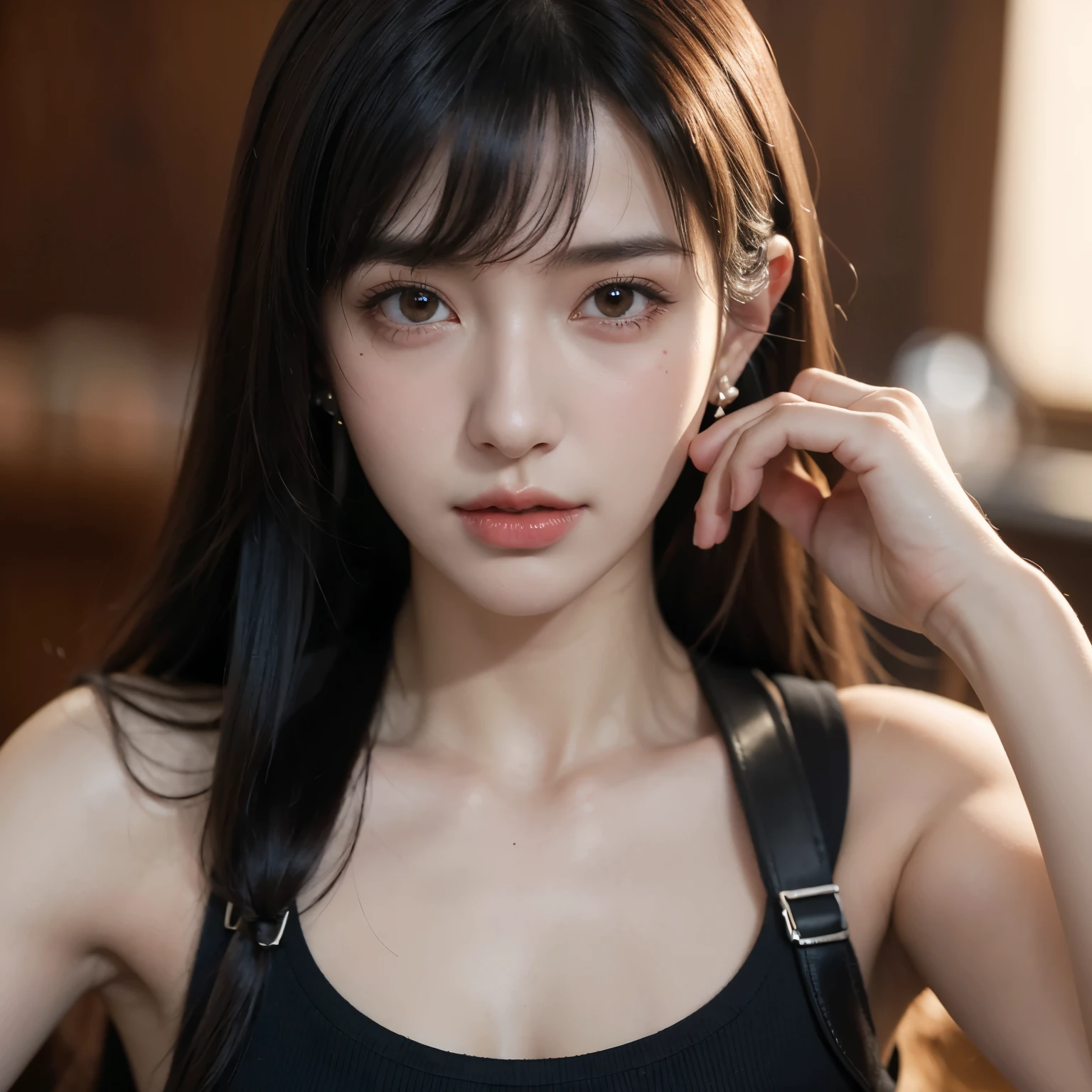 UHD, detailed skin, detailed hair, detailed eye, detailed fabric, final fantasy 7, Tifa Lockhart, one girl, beautiful young girl, long hair, earrings, jewelry, red eyes, black hair, looking at camera, realistic, blurry, parted lips, blurry background, tank top, swept bangs, lips, portrait, suspenders, bare shoulders, brown eyes, bangs, ((masterpiece))