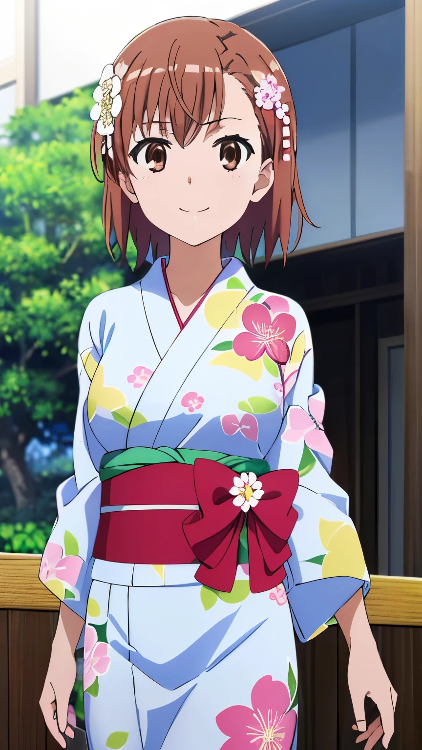 (highest quality, 8k, High resolution, masterpiece:1.2), Anime art style, colorful, Hyper Detail, misaka mikoto, Short Hair, 1 girl, Perfect Face, eye_Light_big, Small medium breasts, Soft look, alone, (Floral Yukata, Flower Hair Ornaments, smile, Summer festival), Dynamic Angle, Cowboy Shot, Watching the audience,