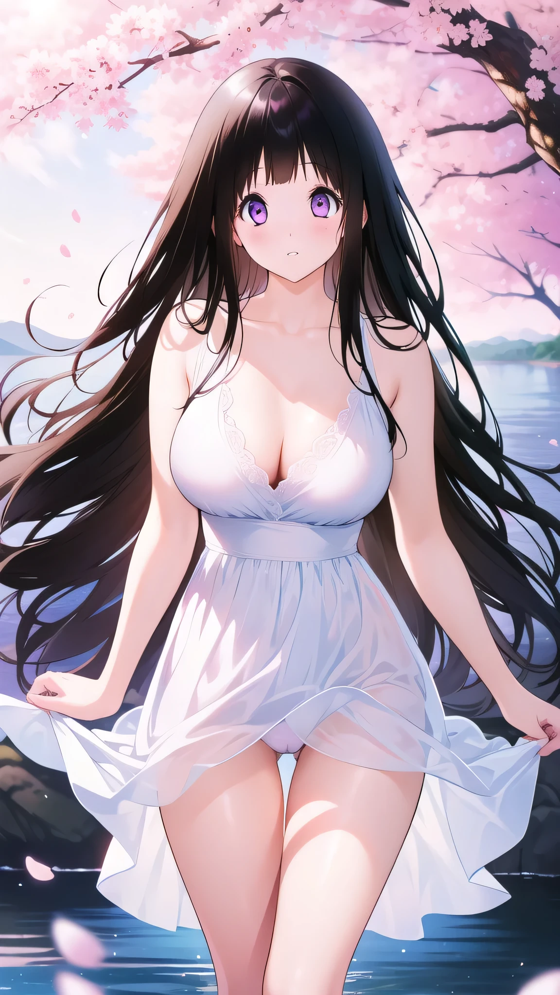 Amazing Chitanda, There is only one beautiful girl,Purple Eyes, Black Hair, Very red face,Very white skin,Glowing skin,Naturally straight hair, Straight bangs,Extremely refined,Open lips,Long flowing hair,Beautiful Girl, Like a dream,Slim,Slim waist,Soft, (Sensual), (Kawaii), Dream quality,Beautiful big breasts,Side Breast,White transparent dress,The clothes are completely transparent,Deep V neckline,Loose neckline,by the lakeside,Wind blows up skirt,Press and hold the skirt,Flying Butterflies,Cherry blossoms,no pants,Showing breasts,Show your buttocks,Show your thighs,Showing collarbone,Show your neck,Exposing the groin,No pants,extremely shy,Ultra-high resolution, (masterpiece:1.2, best quality), (Delicate and beautiful eyes: 1.2), (Beautiful and delicate face)