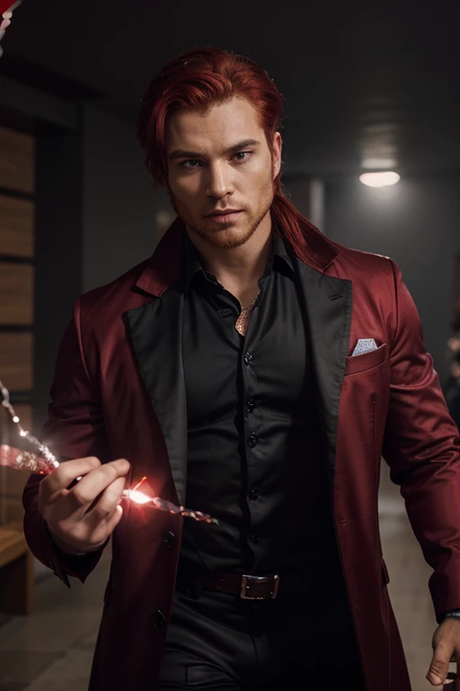 Crie um homem forte bonito com um diamante vermelho no peito, red haired strong superhero with scarlet diamond powers wearing a black dress shirt and a scarlet red overcoat