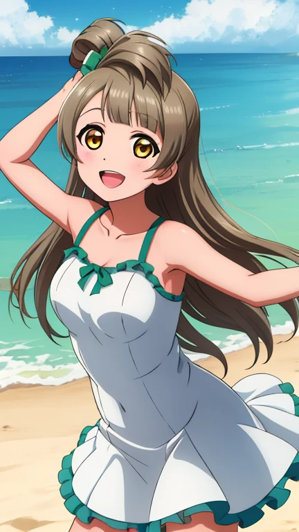 de pie,(vestido suelto de verano), tiro de vaquero, (pechos grandes:0.8),minami kotori ,solo, sonrisa,:D, rubor, playa
