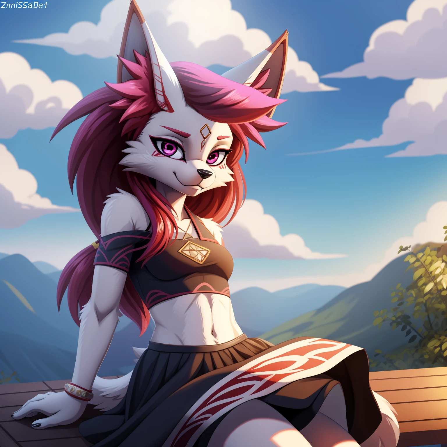 By zinfyuu on pixiv,by twistedscarlet60, uploaded on pixiv, by fluff-kevlar, (masterpiece), (best quality), (anthro furry:1.3, snout:1.2, anthro:1.3, furry:1.2, solo female:1.2), (extremely detailed:1.3), (Detailed eye part: White lens, pink iris,black cornea), tall, slim body, sweet smile, wear Black tshirt and long skirt, kimiko