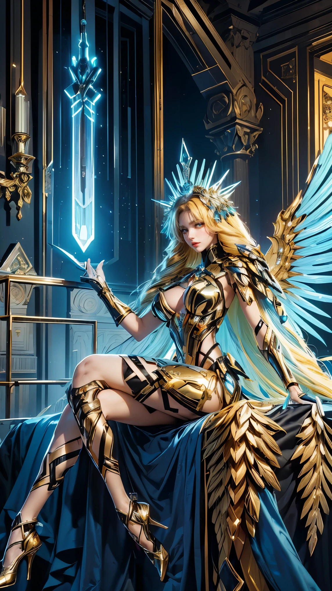 Best quality, masterpiece, ultra high res, raw photo, beautiful and aesthetic,deep shadow, dark theme,(ultra detailed:1.3),
1girl, sitting on sofa, Headdress, hair ornament, full of curtain, drill hair, long hair, blonde hair, gradient hair, yellow eyes, solo, huge breasts, G-cup, big hair, blue hair, tiara, divine goddess, looking at viewer, cyber punk city, indoors, bedroom, astraea, full body, mechanical arm, holy paladin, mecha theme, scifi theme, mechangel, mecha, wing, armor, mechanical wing, many rings of light above, lots of feathers,