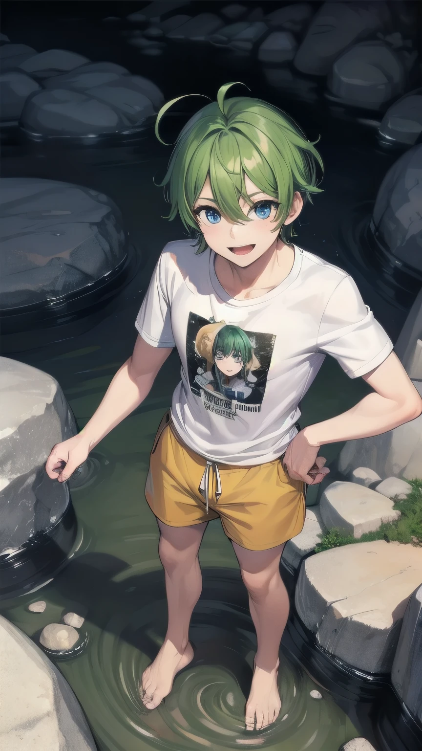 (masterpiece), ((sfw)), best quality, expressive eyes, perfect face, mature male, (1boy, adult Man), young adult, young man, solo, Green hair BREAK ahoge, blue eyes BREAK t-shirt, yellow shorts, standing, barefeet, rocks, Rocky area, wasteland, smile, :D, 