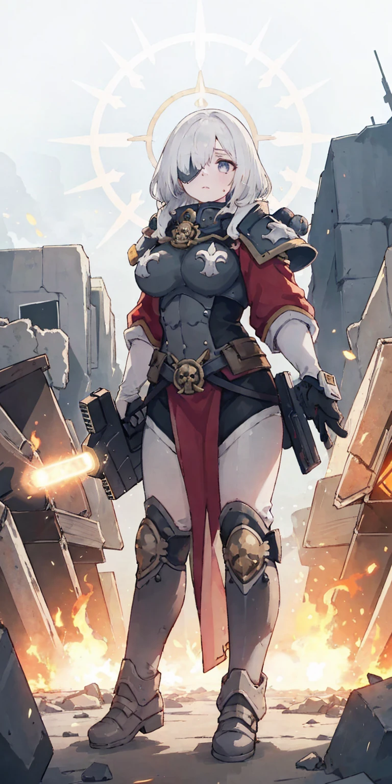 (masterpiece:1.2), (best quality:1.2), perfect eyes, perfect face, perfect lighting, 1girl, mature whsororitas with a laser rifle in her hands, scar over one eye, eyepatch, red tabard, white hair, warhammer 40k, chaos, fire, scifi, detailed ruined city background, power armor