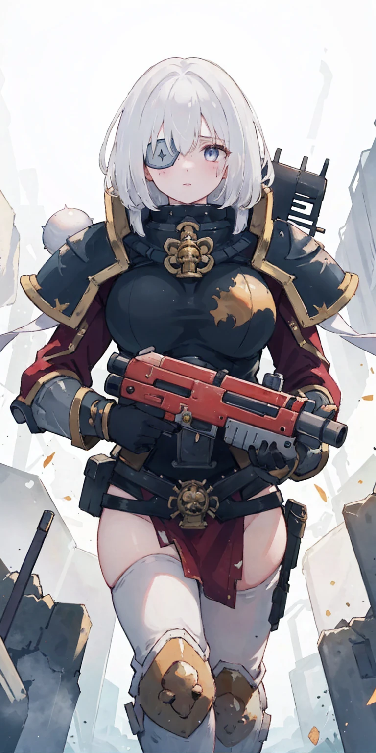 (masterpiece:1.2), (best quality:1.2), perfect eyes, perfect face, perfect lighting, 1girl, mature whsororitas with a laser rifle in her hands, scar over one eye, eyepatch, red tabard, white hair, warhammer 40k, chaos, fire, scifi, detailed ruined city background, power armor