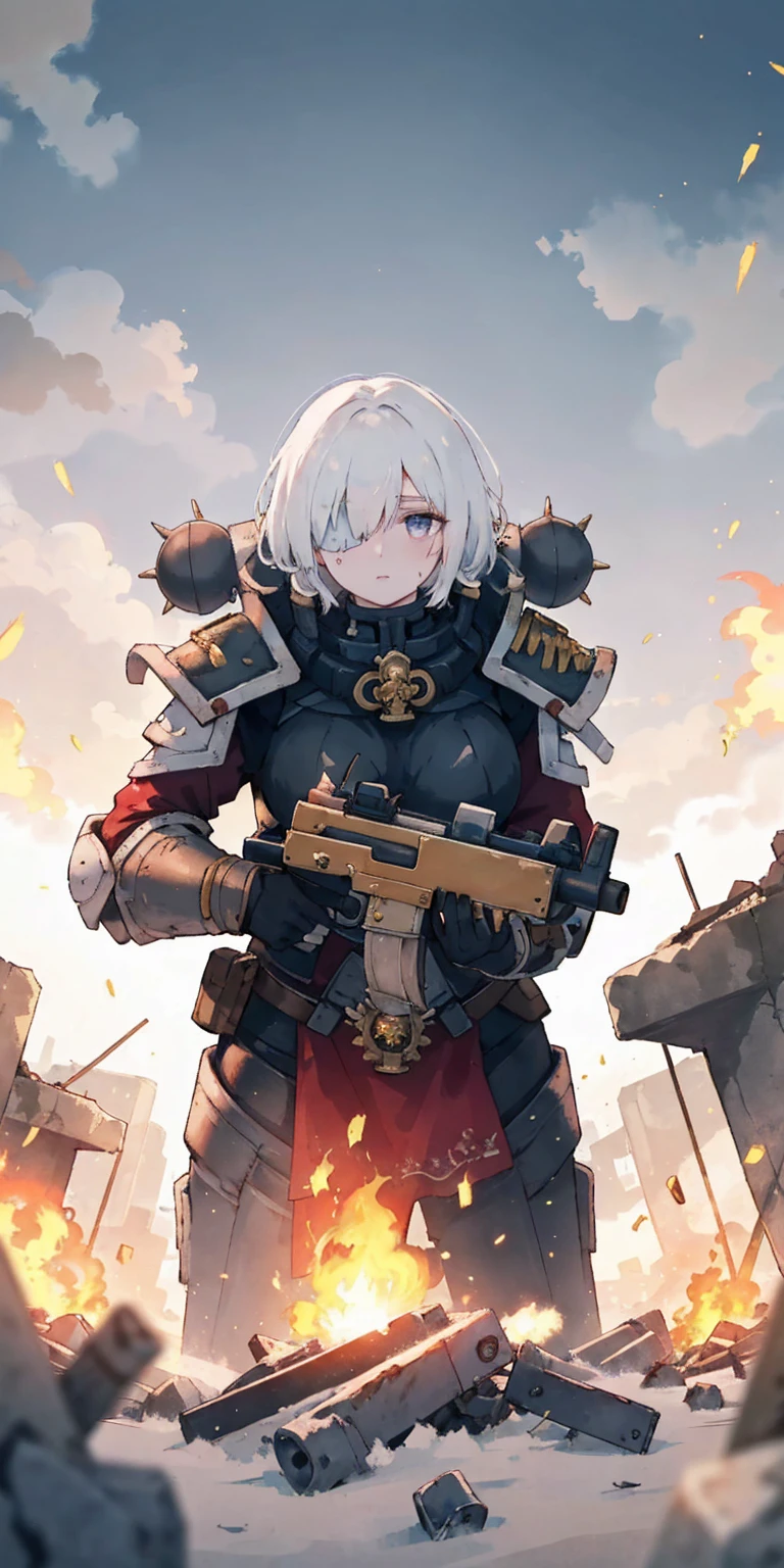 (masterpiece:1.2), (best quality:1.2), perfect eyes, perfect face, perfect lighting, 1girl, mature whsororitas with a laser rifle in her hands, scar over one eye, eyepatch, red tabard, white hair, warhammer 40k, chaos, fire, scifi, detailed ruined city background, power armor