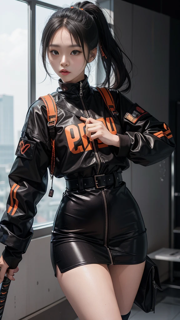 An 18 year old Korean teenage girl, Douyin, wears cool cyberpunk style clothes in variations of black and orange, poses sexy while carrying a katana, on a white background.