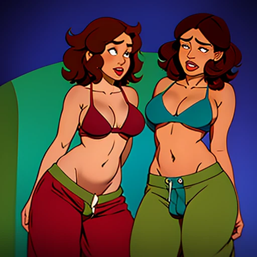 a two headed fully clothed with massive breasts brown curly haired very fat transgender girl in a tight bikini top and sweatpants showing the shape of her large phallus. One head is asking the other head if they can masturbate for the first time, both heads are looking away in embarrassment. Her second head has her hand down her pants to touch her large male genitalia as both heads try to ignore each other uncomfortably as one head begins masturbating her penis under her pants. 