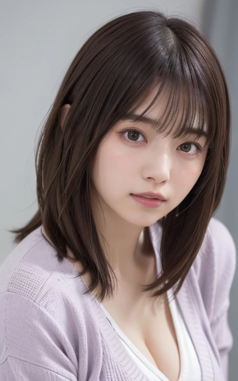 masterpiece, highest quality, 8k, 20th Generation, Large Breasts, cute, alone, sad, cute, Girlish, Delicate girl, Pure beauty, RAW Photos, Professional photography, Portraiture, Soft Light, Professional Lighting, Backlight, Upper Body, avert your eyes, Sophisticated, Film Grain, (Eyes and facial details:1.0), Short floating hair, Beautiful, flowing hair, bangs, T-shirt and greyish lilac cardigan、(Large Breasts:1.0)、Saggy breasts、A little bit of cleavage is visible
