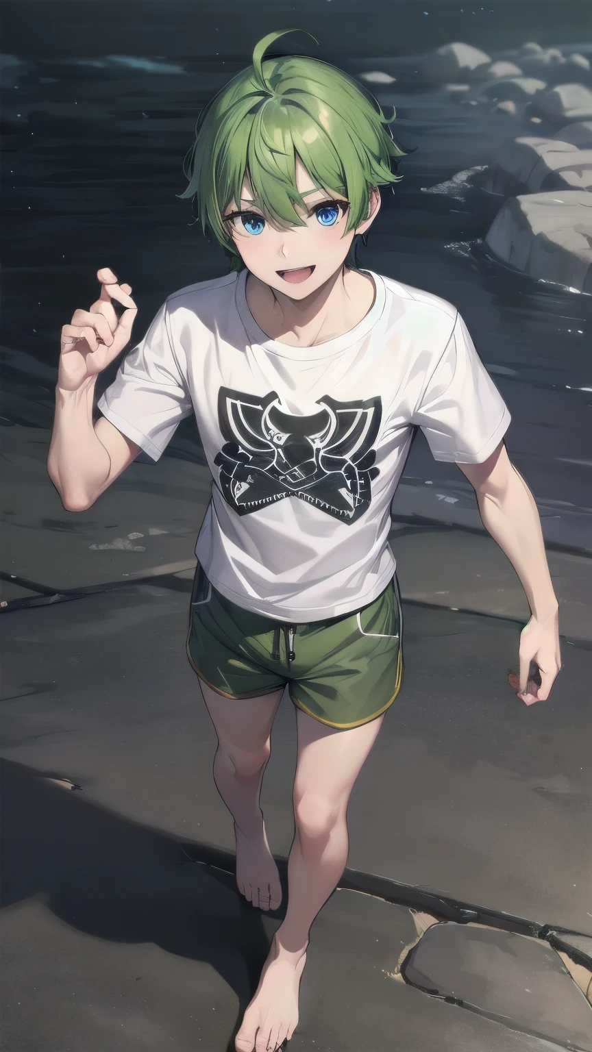 (masterpiece), ((sfw)), best quality, expressive eyes, perfect face, mature male, (1boy, adult Man), young adult, young man, solo, Green hair BREAK ahoge, blue eyes BREAK t-shirt, yellow shorts, standing, barefeet, rocks, Rocky area, wasteland, smile, :D, 