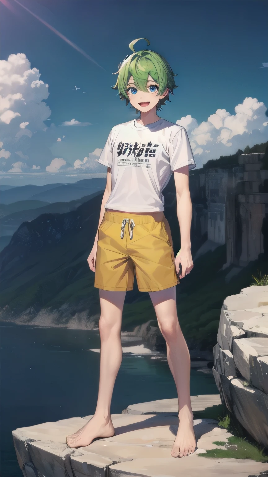 (masterpiece), ((sfw)), best quality, expressive eyes, perfect face, mature male, (1boy, adult Man), young adult, young man, solo, Green hair BREAK ahoge, blue eyes BREAK t-shirt, yellow shorts, standing, barefeet, rocks, Rocky area, wasteland, smile, :D, 