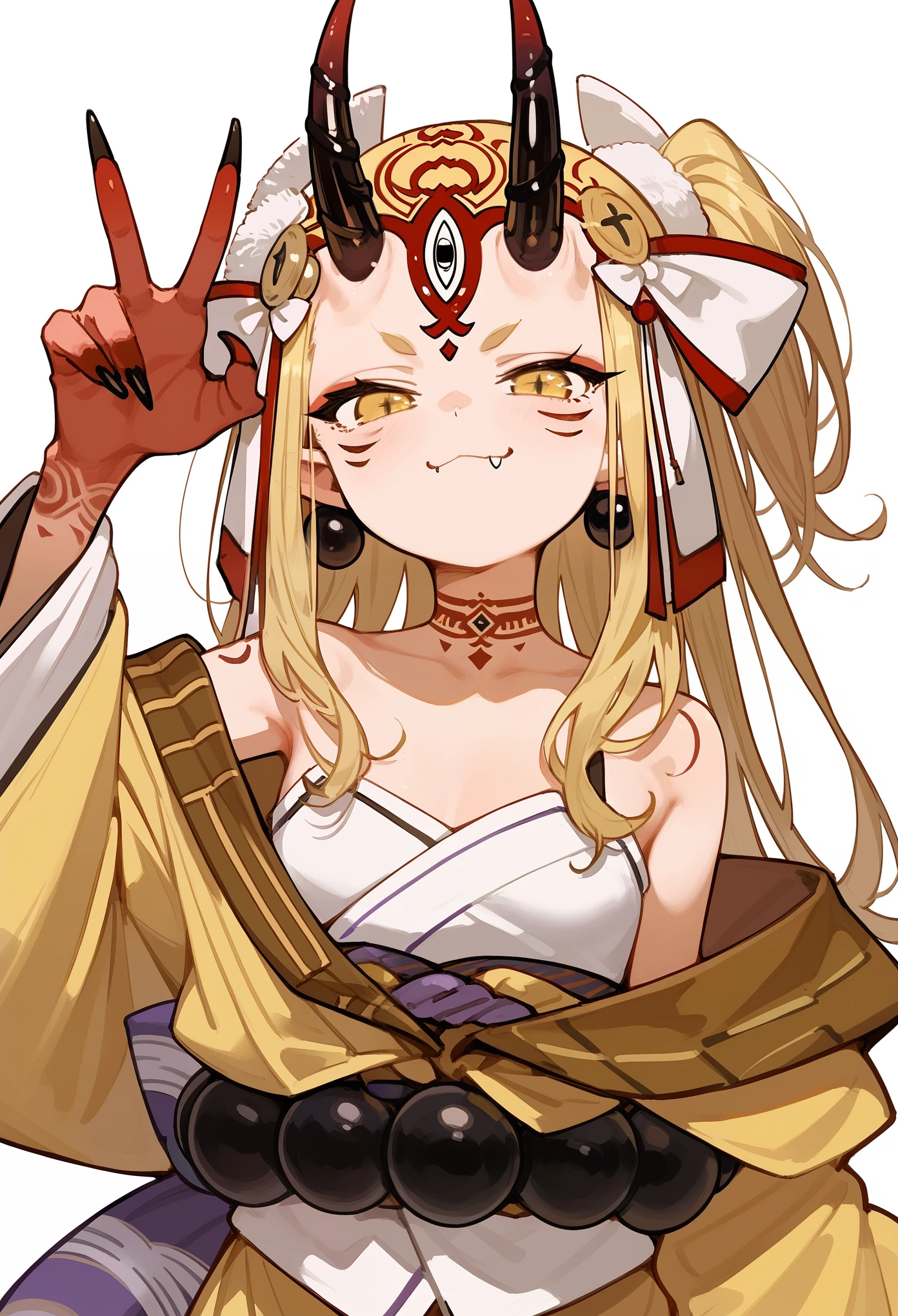 1girl, long hair, blonde hair, sidelocks, yellow eyes, pointy ears, facial mark, tattoo, forehead mark, oni, horns, sharp fingernails, hand up, japanese clothes, yellow kimono, headdress, earrings, jewelry, beads, off-shoulder, wide sleeves, barefoot, smug, closed mouth, fang, standing, upper body, score_9, score_8_up, score_7_up, masterpiece, Very aesthetic, best quality, white background 