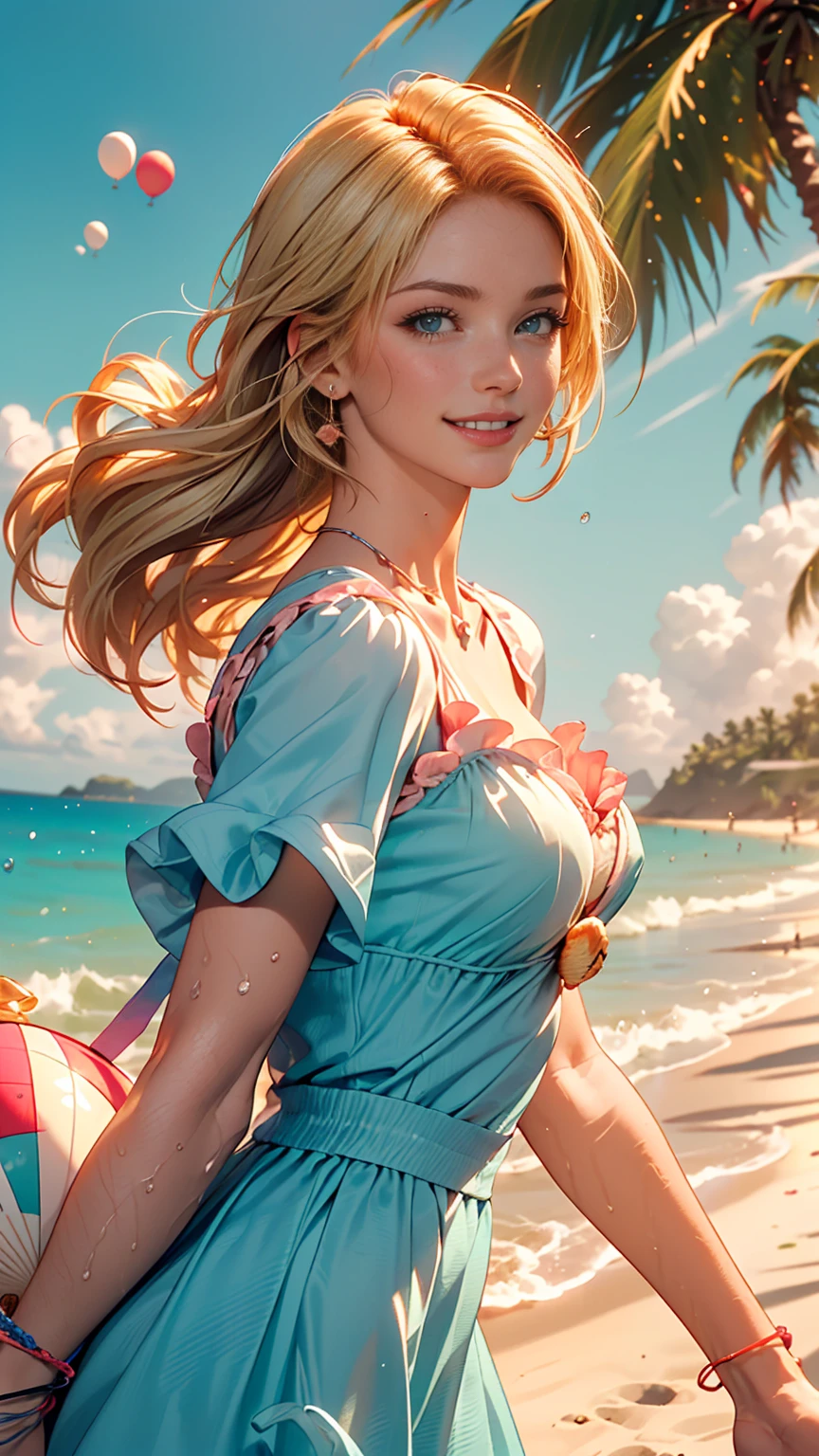 Delicate and beautiful CG art),(highest quality, Very detailed, High resolution),(Dynamic Angle, Dynamic Lighting),(One character),(Long pink and blonde hair), blue eyes, Beautiful Face), 1 girl, (Long sideburns, plant, smile, long blue dress, 3 days, Ocean, water, Beach ball, shell, sunny, the wind is strong