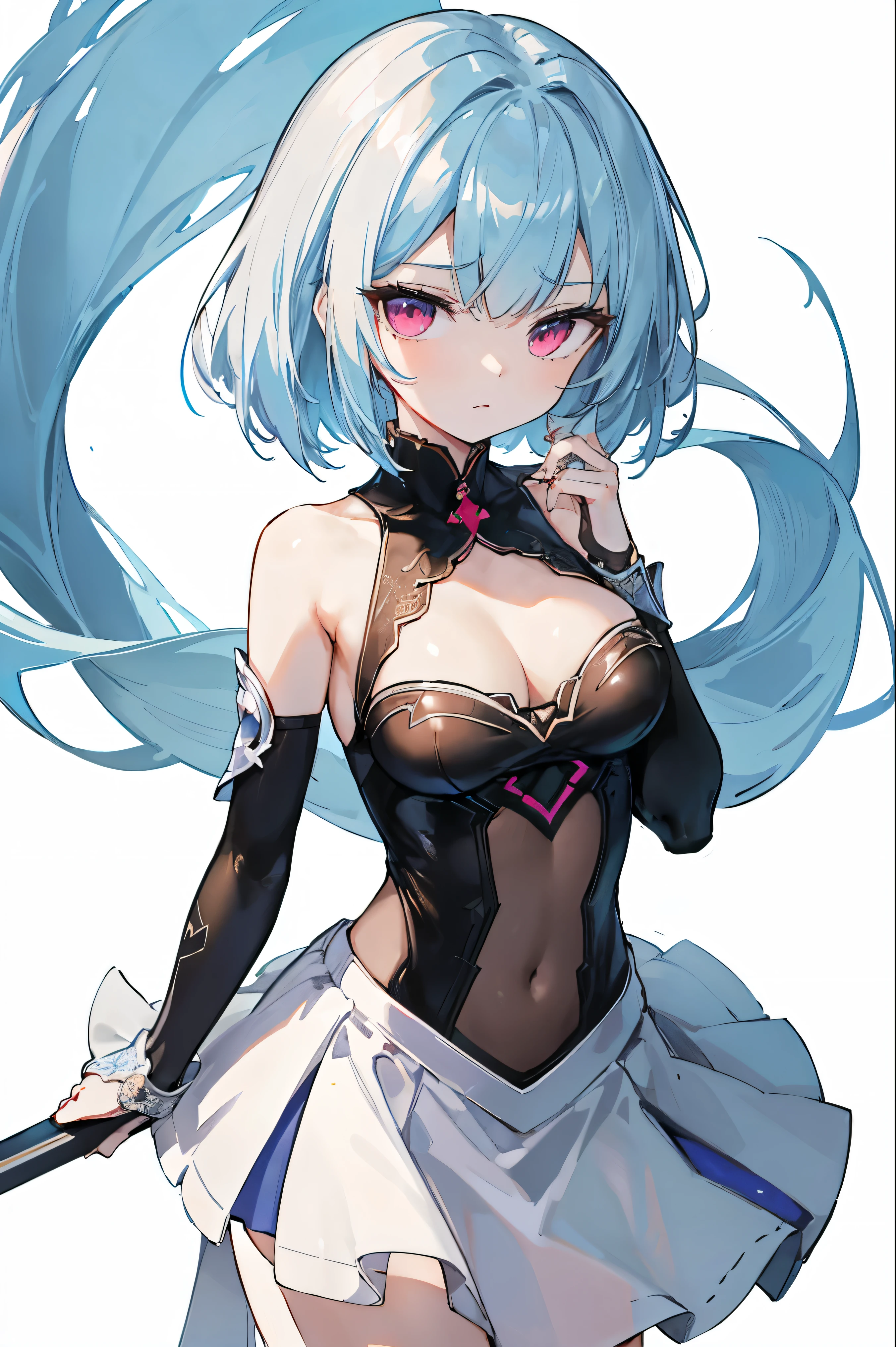 1girl, anime, cute girl, blank background, white background, fantasy, detailed fantasy dress with highlights, beautiful face, beautiful eyes, dark colors, black hair with multicolor streaks, red eye with different color pupil in eye, multicolor eye, medium breasts, slight cleavage, beautiful skin, cute, breast curtains, extremely delicate and beautiful, (beautiful detailed face:1.0), (detailed deep eyes), symmetrical breasts, deep eyes, shiny skin, portrait, slender waist, hips wider than shoulders, thighs, expressionless, young girl, luminous eyes, adorable，（Kpop idol）,（aegyo sal：1），（Platinum blonde hair：1），（（puffy eye）），Black panty，sexy posture，Superskirt, Ultra-high resolution，Black collar，slim figure, Abdominal y tattoo, womb tattoo，Tight-fitting leg ring，y tattoo on half-body，Bare skin, Armored hand，Hidden fingertips，Hand covered，Arm covered，Fist covered,{{beautiful detailed fingers}}, tufts of hair, moderate beautiful breast:1.0,(masterpiece:1.2), best quality, high-res, HDR, perfect face, intricate armor, delicate blue filigree, intricate filigree, red metalic parts, detailed part, dynamic pose, dynamic lights, cute face, neutral expression, shuimobysim, lotus, hanfu, maxi skirt, dress conservatively 1girl, solo, long blue hair, standing, 