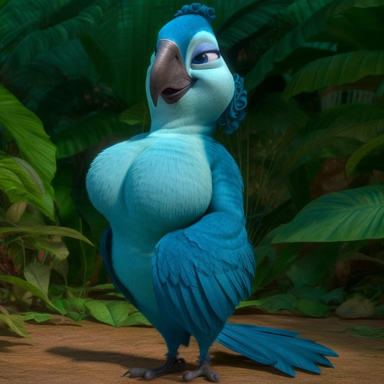 Rio movie, solo, mimi, female, bird, avian, spix macaw, blue feathers, ((big breasts)), ((wide waist)), feral, jungle landscape, tail feathers, anatomically correct, seductive, exposing breasts