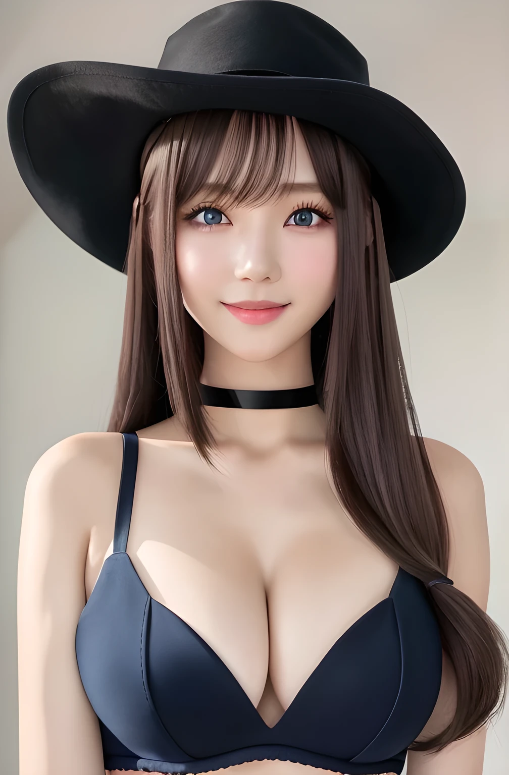 Product quality, One girl per photo, Cowboy Shot, Front view, Cute young Japanese women, Long Bob Hair, Very smiling, ((Headwear)), Super cute face, Glossy Lips, Double eyelids on both eyes, Natural Makeup, shiny smooth light brown hair of Long Bob Hair, asymmetrical bangs, High resolution, Attention to detail, Detailed hairstyle, Detailed face, Cinema Lighting, Octane Rendering, Ultra-realistic, Perfect limbs, Perfect Anatomy, Black choker, Blue Eyes, Very long eyelashes, bangs, Fantasy, ((Slim body, Slim face, Cleavage)), A good attitude, Elegant, Well-bred, Cottage, Big Breasts