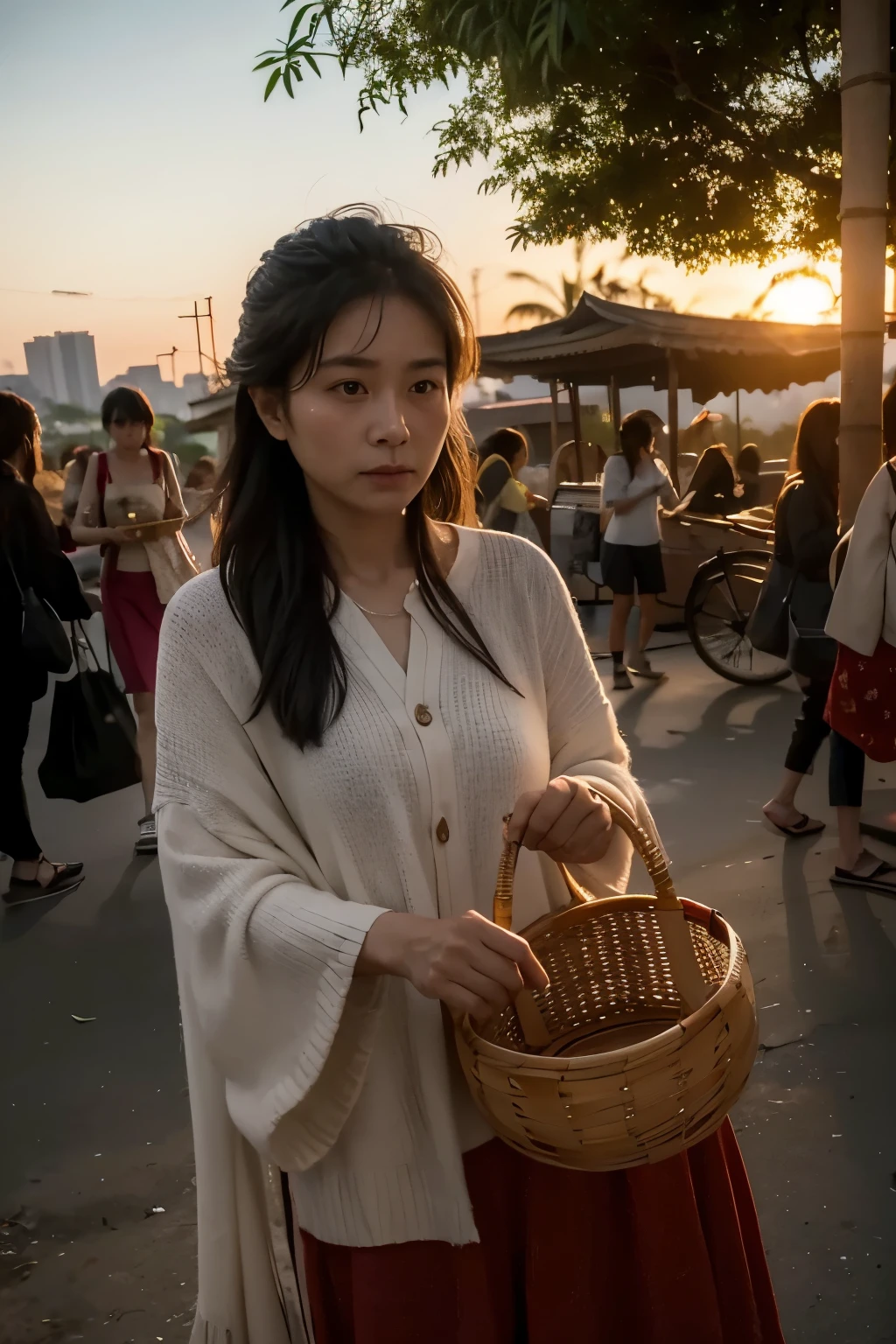 Under the sunset，By the trail，An old man is slowly weaving a bamboo basket，，Eyes with spirit。Surrounded by people busy going home，In stark contrast to her