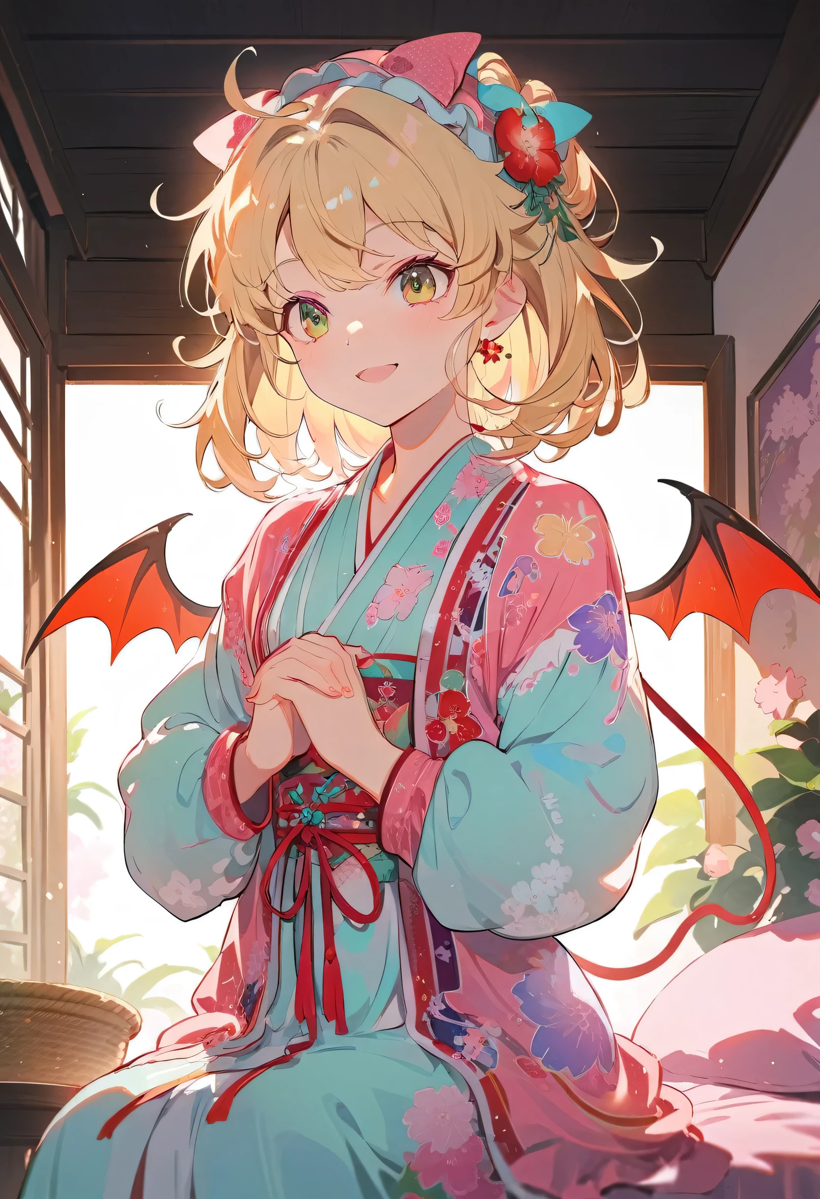 touhou project, Flandre Scarlet sitting on the bed wearing JK, Cross your hands at your waist, Light hair, Warm lighting, Blurred foreground, Lovely, Change, Japanese cartoons, 4K, With devil wings, Shower cap, masterpiece, Upper Body