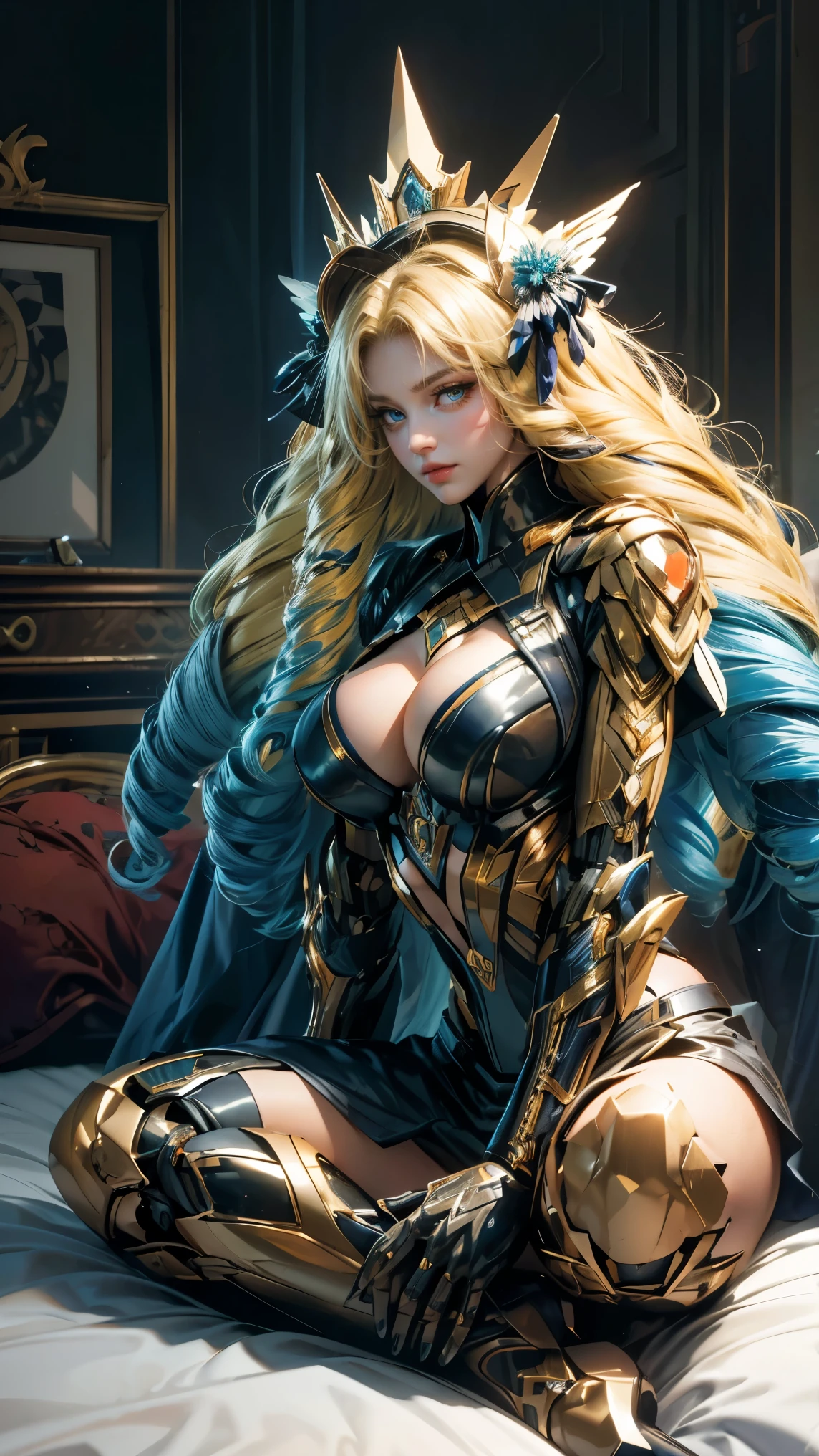 Best quality, masterpiece, ultra high res, raw photo, beautiful and aesthetic,deep shadow, dark theme,(ultra detailed:1.3),
1girl, sitting on bed, Headdress, hair ornament, full of curtain, drill hair, long hair, blonde hair, gradient hair, yellow eyes, solo, huge breasts, G-cup, big hair, blue hair, tiara, divine goddess, looking at viewer, cyber punk city, indoors, bedroom, astraea, full body, mechanical parts, mecha theme, scifi theme, wing, robot joints, mechanical wing, many rings of light above, headgear, mecha musume