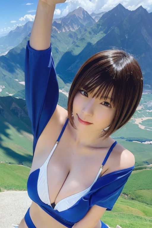 A cute, beautiful, voluptuous Japanese woman in her late 20s with medium-long bob haircut, skydiving at 4000 meters above sea level.、They are having so much fun that they are spreading their arms and legs out in excitement.、She looks great in a micro bikini