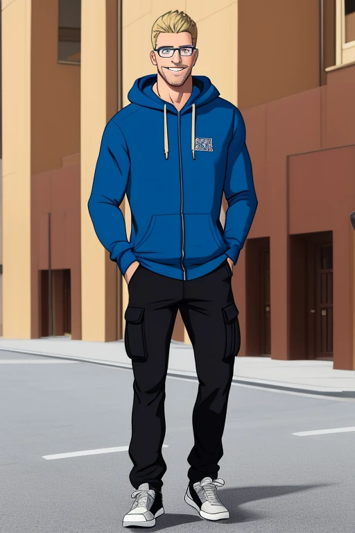 image of a 6'6ft tall Caucasian man, with blonde hair and blue eyes. He has a warm smile. Has a very muscular body, nearing 300lbs. Wearing a dark blue hoodie, black cargo pants, glasses and sneakers. in a cartoon style