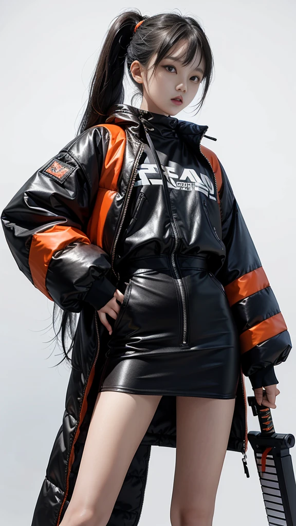 An 18 year old Korean teenage girl, Douyin, wears cool cyberpunk style clothes in variations of black and orange, poses sexy while carrying a katana, on a white background.