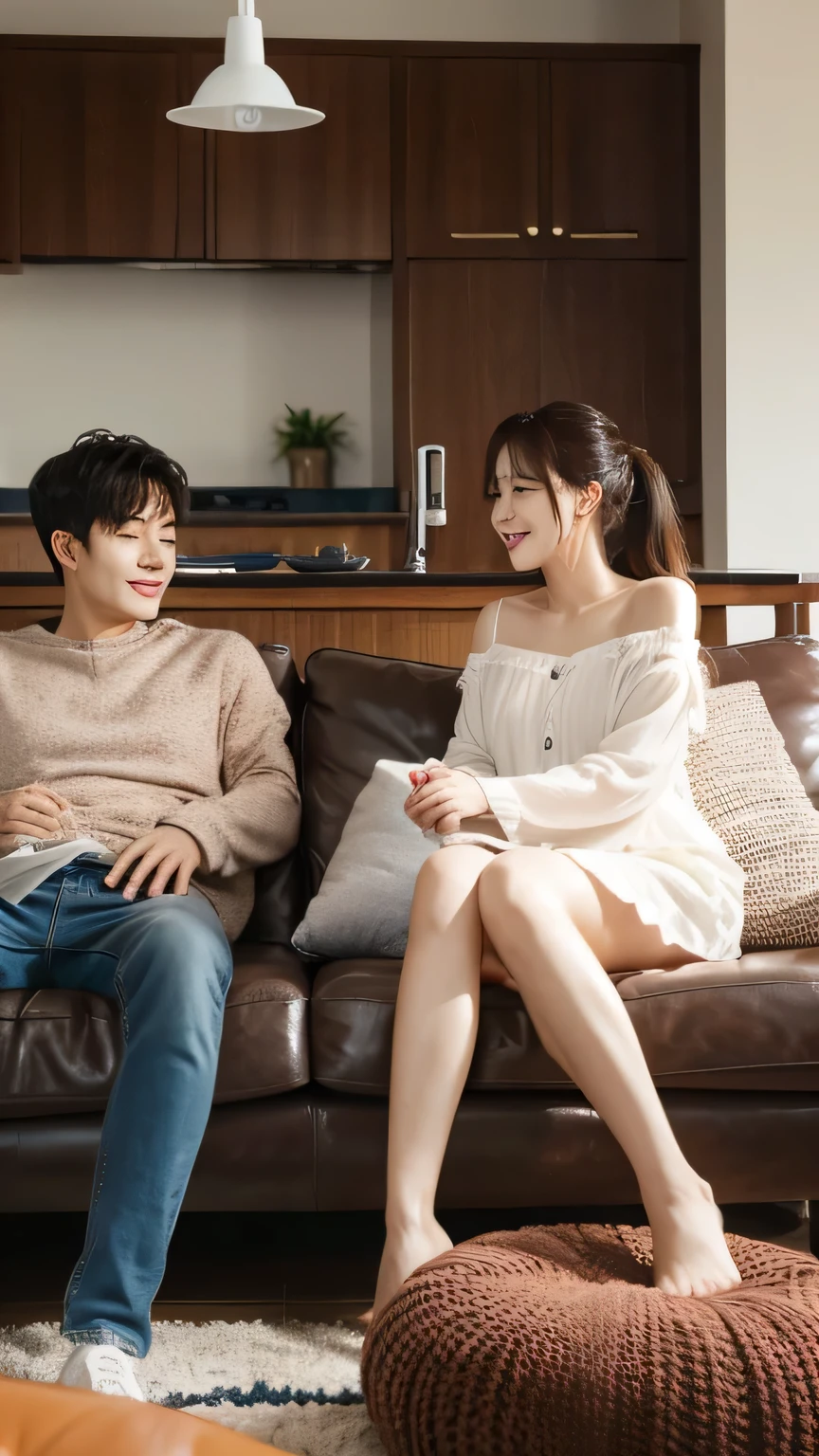 A Korean couple sitting facing the living room sofa, zoomed in image