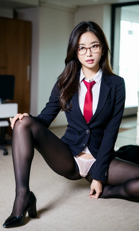 Ulzzang-6500-v1.1, (RAW Photos:1.2), (Realistic:1.4), Beautiful detailed girl, Very detailed eyes and face, Beautiful fine details, Absurd, Unbelievably ridiculous, Large file size, Very detailed, High resolution, Very detailed, highest quality, masterpiece, Kemomimi, ((Office Lady Uniform)), figure, Very detailed, CG, Unity, 8k wallpaper, wonderful, Fine details, masterpiece, highest quality, Very detailed CG uniform 8k wallpaper, Face Light, Cinema Lighting, One girl, , (No pants)), (Wearing glasses), ((Dynamic pose)), (Camel Toe), (half), (pantyhose), (pantyhose and legs)), ((Bend your knees and hold your feet))、((Sexy panties in full view:1.0))、((Spread your legs wide:1.8))