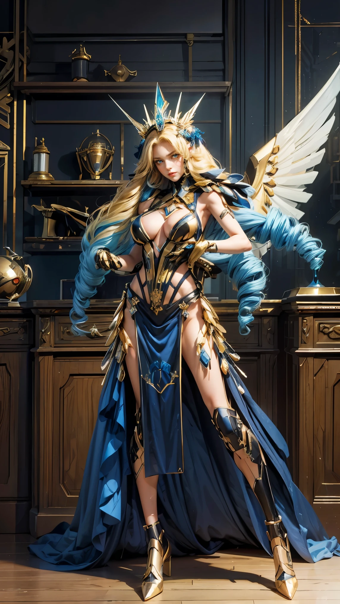Best quality, masterpiece, ultra high res, raw photo, beautiful and aesthetic,deep shadow, dark theme,(ultra detailed:1.3),
1girl, dynamic pose, Headdress, hair ornament, full of curtain, drill hair, long hair, blonde hair, gradient hair, yellow eyes, solo, huge breasts, G-cup, big hair, blue hair, tiara, divine goddess, looking at viewer, cyber punk city, indoors, bedroom, astraea, full body, mechanical parts, mecha theme, scifi theme, wing, robot joints, mechanical wing, many rings of light above, headgear, mecha musume