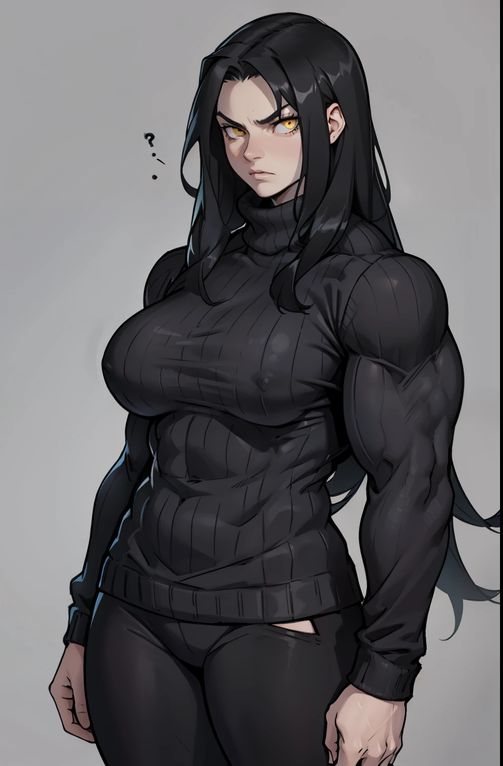 ((grey background)), solo, ((((1 girl)))), very long hair, black hair, angry, yellow eyes, (((((muscular))))), (huge tits), pale skin, slick hair, (sweater)