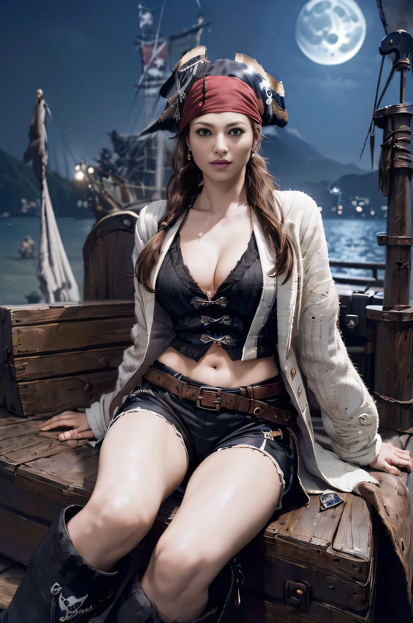 (masterpiece, highest quality, High resolution, Extremely detailed 8K:1.6), {(1 girl:1.6), Sexy beautiful 25 year old girl with slim body, (pirate:1.8):1.6}, (Ultra HD, Very detailed, Very detailed, Very realistic, Ultra-realistic, Photo Real), {The depth of the written world, (Godley:1.2), (bounce front lighting:1.1), (Soft and diffuse lighting:1.6) }, (One girl:1.5), (Long Hair, ponytail:1.4), (dynamic sexy pose), (Very delicate and natural hair:1.3), Back view, To the camera, A light smile, (Big, firm, swaying breasts: 1.6), (Very delicate and natural face, Very delicate and natural eyes:1.3),(Very delicate and natural clothing:1.2),(Crystal Blue Eyes:1.2) (sexy brown pirate jacket, The jacket has a wide opening at the chest, Black shorts, Deck boots:1.5), {Wave, (In the middle of the night, Moonlight:1.6), (sitting on pirate boat, Lots of treasures, Treasure Chest, fire a cannon:1.3),(Southern Island:1.6)}