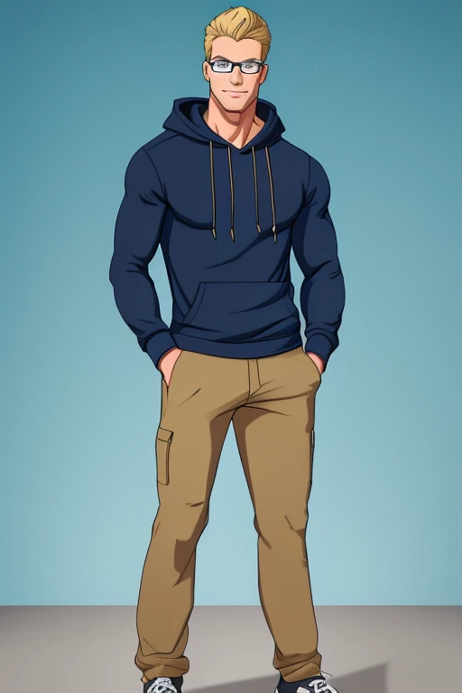 image of a handsome 6'6ft tall Caucasian man, with blonde hair and blue eyes. He has a warm smile. Has a very muscular body, like a bodybuilder. Wearing a dark blue hoodie, black cargo pants, glasses and sneakers. in a cartoon style