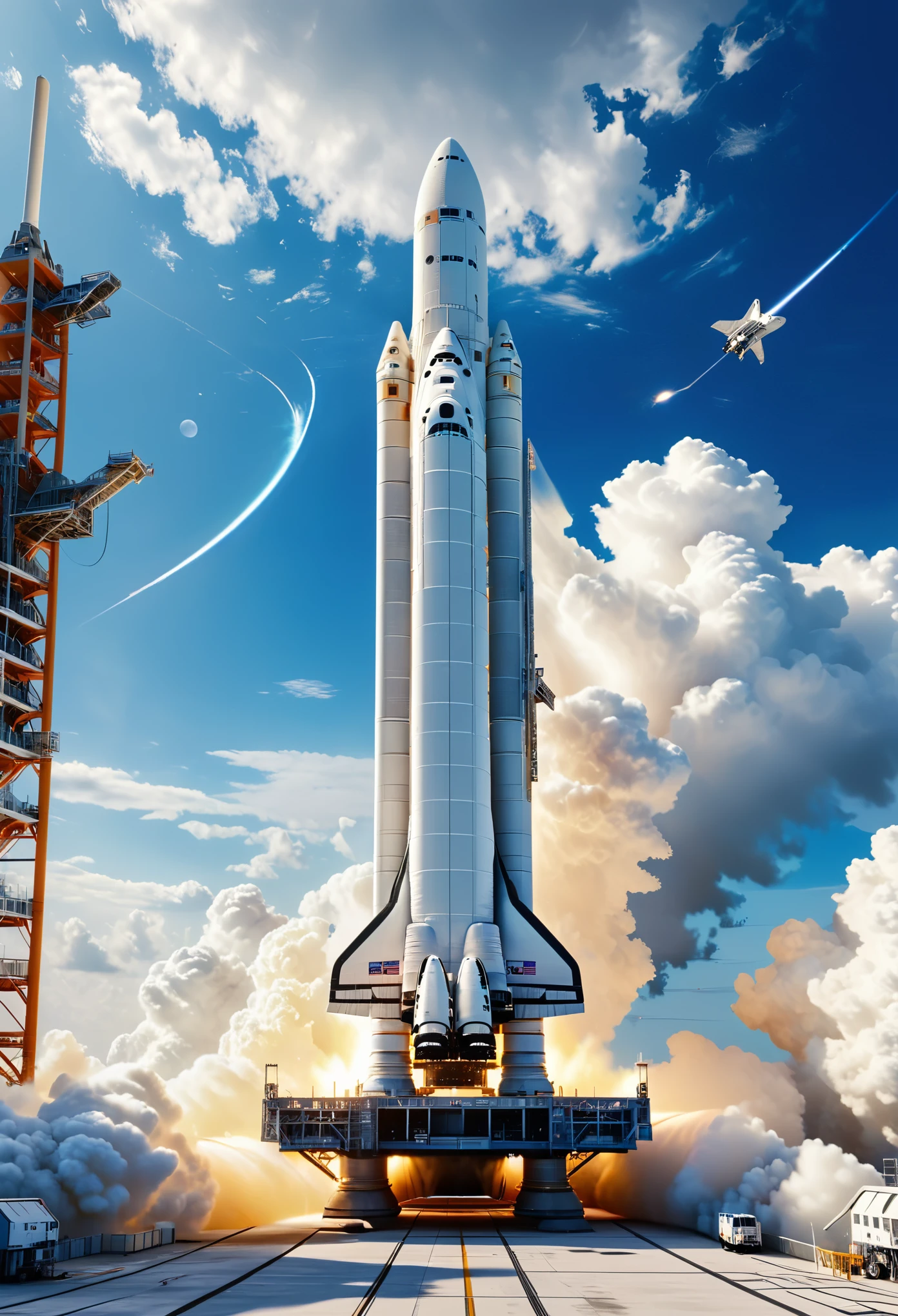 Space Defense, Houston rocket launch site, wide angle long shot of a white space shuttle launching from a launch site, clear blue sky with white clouds, highly detailed, ultra-high resolutions, 32K UHD, best quality, masterpiece, 