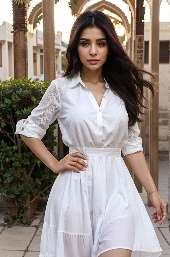 persian woman, 30 years old, in a blouse, dancing, dark hair, shiraz city, evening with sun still up, white dress, extremely realistic, extreme quality, beautiful face, vivid colors, charming