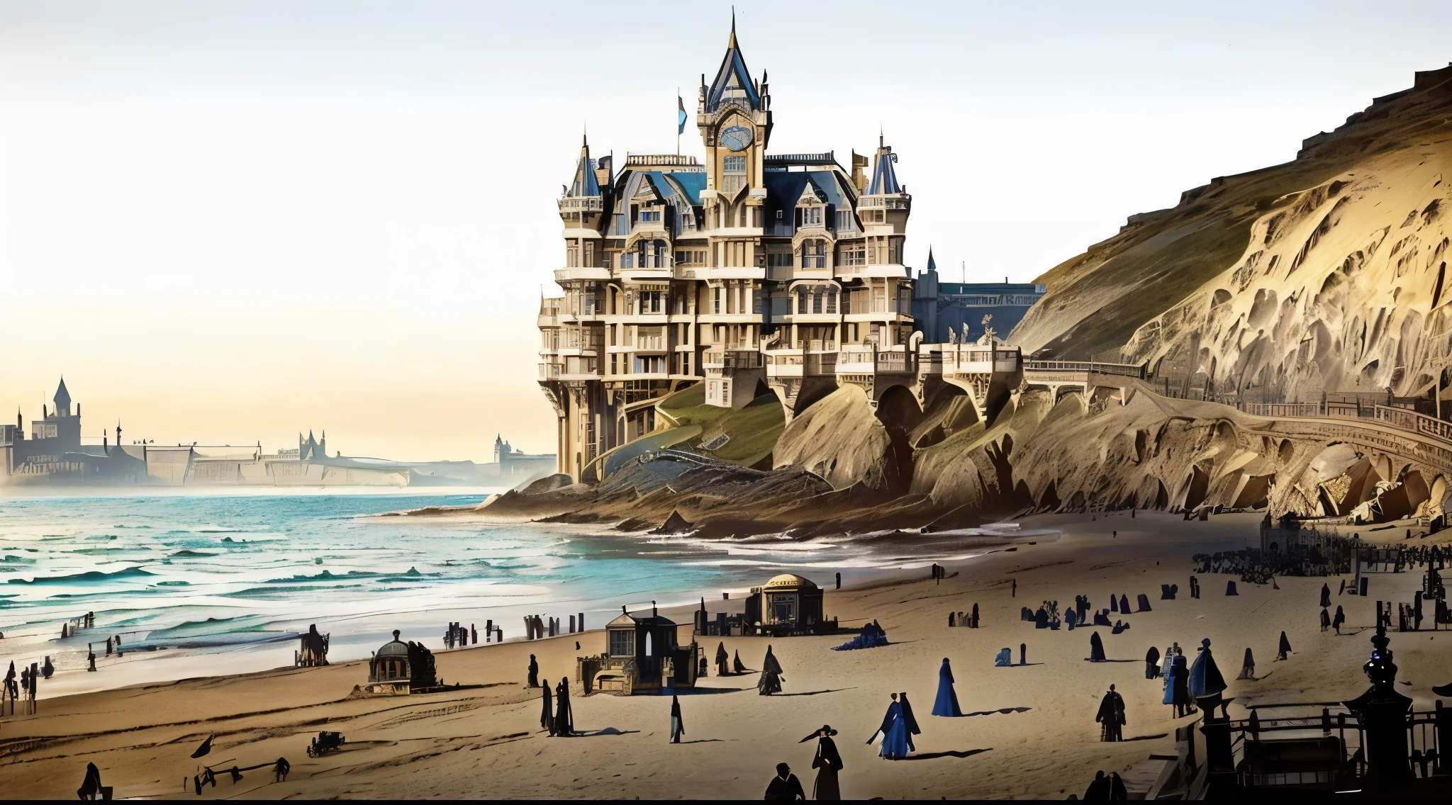 people are walking on the beach near a large building, seaside victorian building, victoriana, victorian castle, inspired victorian sci - fi, masterpiece', very far royal steampunk castle, celebrity, castle, colorized 1 9 0 4 photo, masterpiece”, masterpiece ”, matte painting”, matte painting ”, elaborate matte painting, victorian steampunk city vista, beachfront, seaside