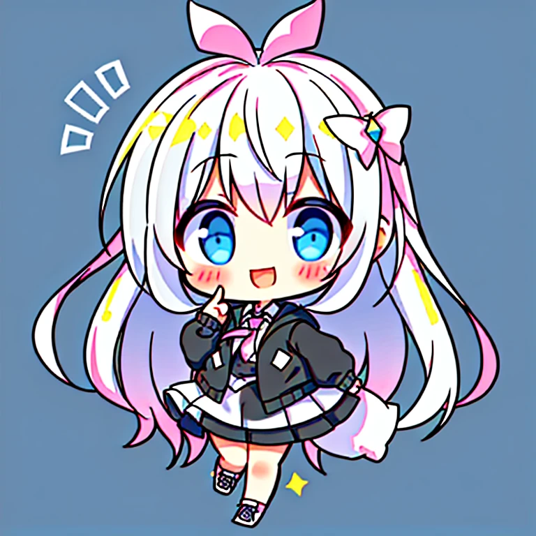((white shirt,black standart tie,short sleeves,pink punk hoodie,puffy sleeves,black skirt,white shoes,shoes,athletic sneakers,)),tchibi,1girll,Mouth open,Smile,Rabbit,bow,pointing finger,Soght-Blue eyes,full bodyesbian,blue yellow side tail long hair,simplebackground,White background,Walls,Blush,bandsgirl,Music,Star Talisman,Guitar,bow ribbon.