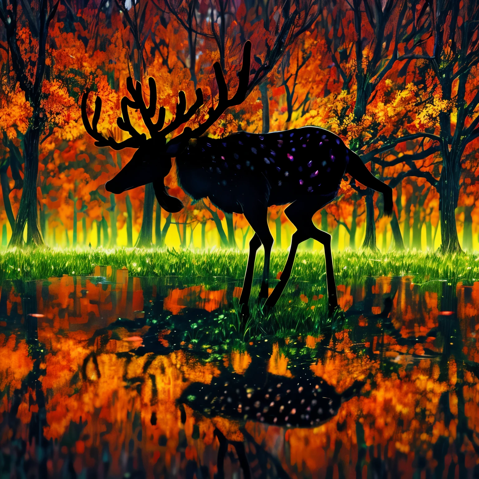 Silhouette art, forest made of emerald gems, fantastic atmosphere, listening to the whispers of the forest, ((shadow silhouette of a deer: 1.3)), perfect hand: 1.2, masterpiece, 32k,