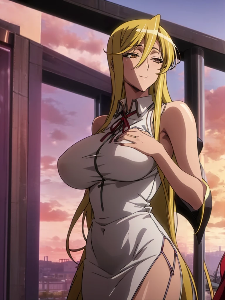(Shizuka Marikawa Highschool of the Dead) HD Solo girl, Long Hair, big breasts, white skin, sexy body, sexy Red Dress, slit Dress, split cloth, realistic, smile, wind blowing hair and cloth, beautiful lakeside background