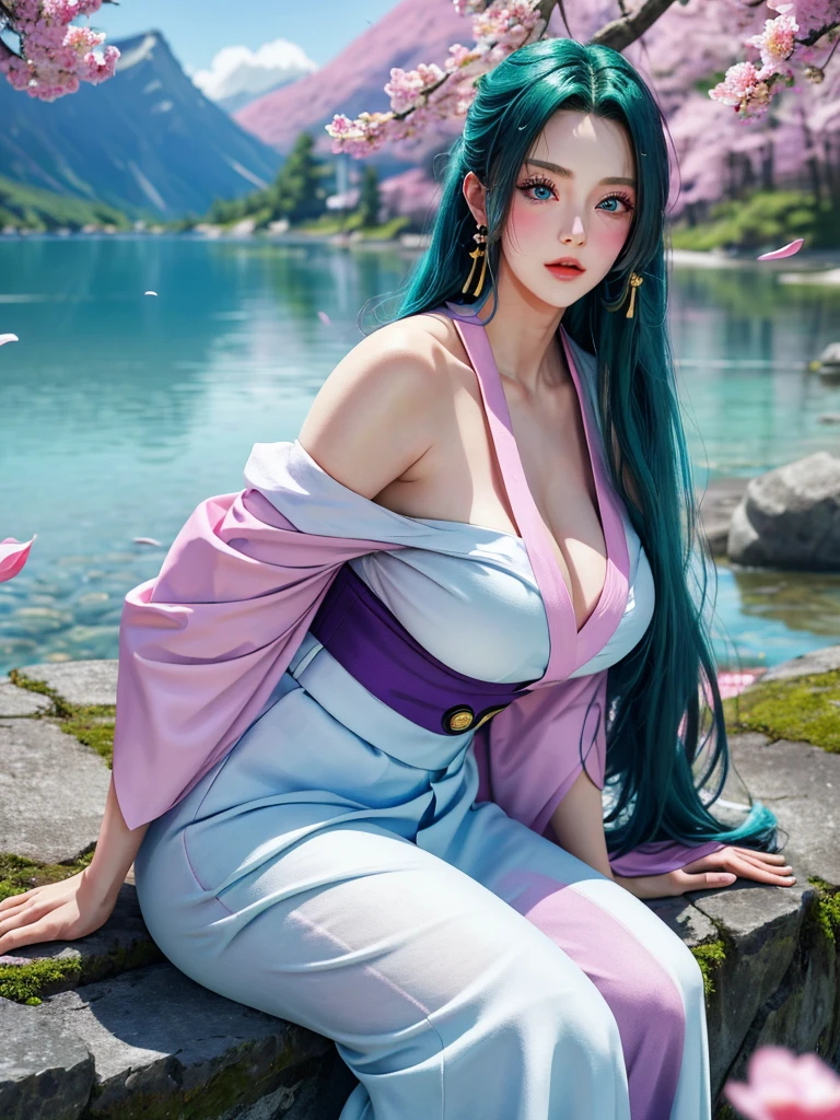 (masterpiece), best quality, 1girl, looking at viewer, (sion)\(shippuden\), parted lips, wind lift, bottomless, green white fabric ,Japanese kimono,blue hair, long hair, purple eyes, solid eyes, big breast masterpiece, absurdres,sion\(naruto the movie ), 1girl, solo,mature female, off-shoulder oversized shirt, looking at viewer, (falling petals), perfect composition, detailed lips, big breast, beautiful face, body propotion, blush, (pink lips), long hair,  purple eyes,  soft gaze,  super realistic, detailed, photoshoot, realistic face and body,background lake and mountains. 