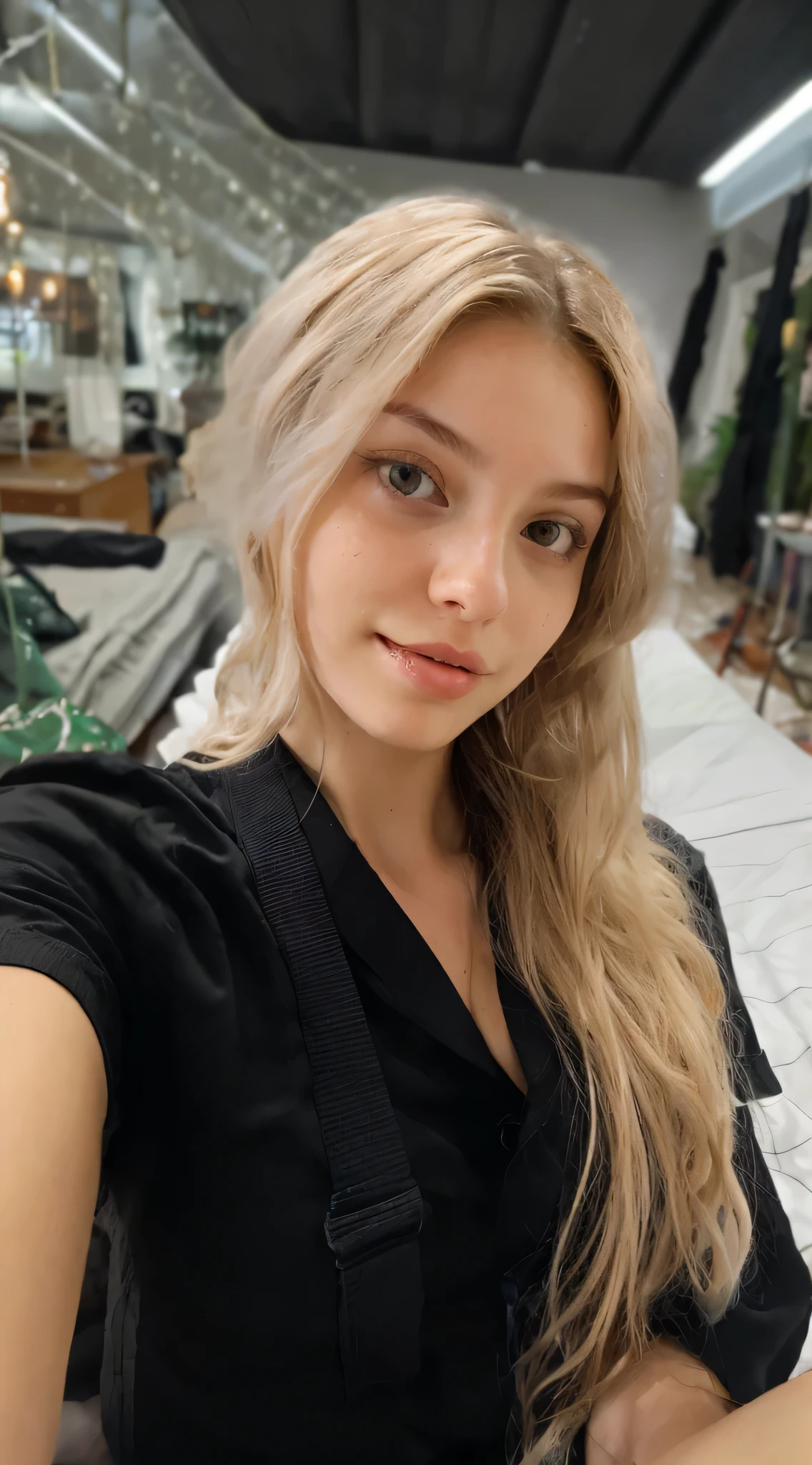 make her laying in bed with her nude tits... messy hair, dim lighting... no makeup