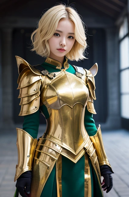 masterpiece,highest quality,Ultra-high resolution),Japanese women, Very beautiful girl, Innocent Girl、Perfect limbs、Perfect Anatomy、Glowing Beautiful Skin、Watery eyes、(((blonde、Short blonde hair)))、The colors and landscapes of youth、Premonition of love Green and gold uniform、 metallic Green armor, High Quality Costume, Brass-colored armored mantle coat, masterpiece衣装, Green armor, Avant Uniform, gilded black uniform, Gold Armor, High quality commander, Combat Uniform, Embroidered uniform guard
